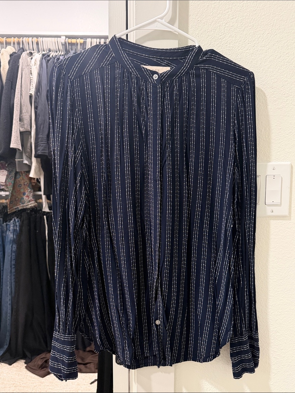 Navy and White Embroidered Blouse